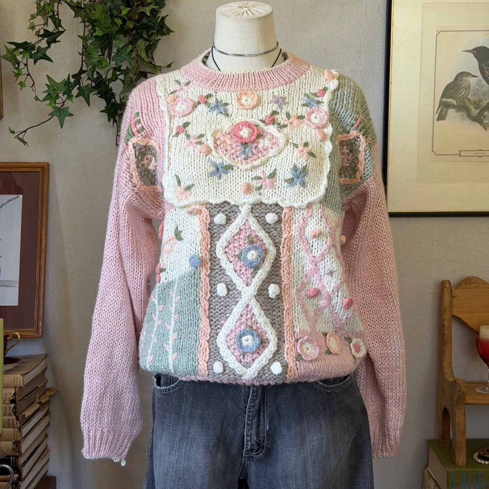 Pink Floral Hand Knit Patchwork Sweater Cottagecore Vintage M Reto Momcore